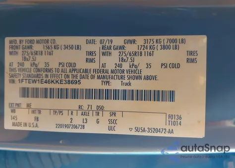 2019 Ford F-150 Xlt from USA, damaged, VIN 1FTEW1E46KKE38695